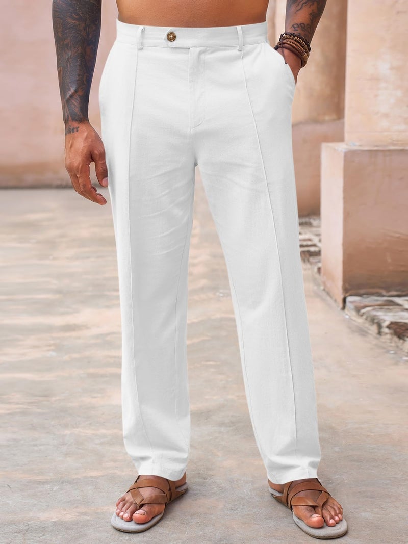 Runcati Mens Casual Pants Elastic Waist Cotton Linen Pants Pleated Loose Fit Lightweight Beach Yoga Trousers White - Image 2