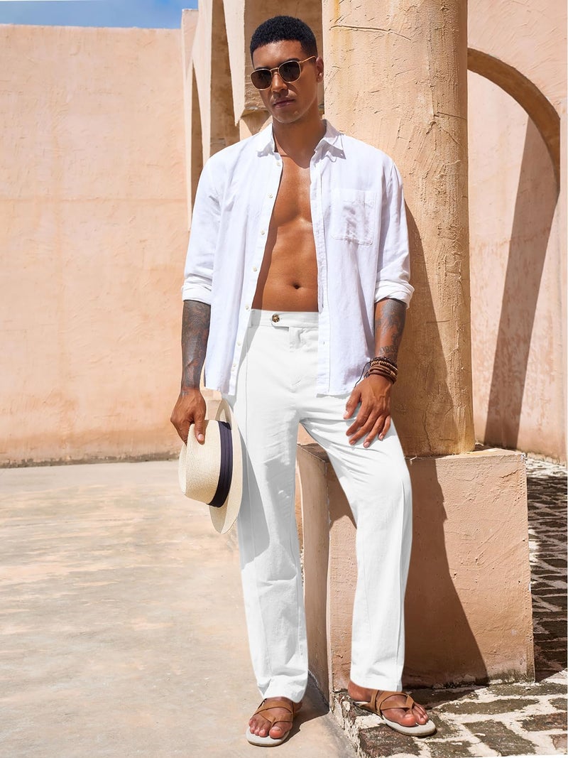 Runcati Mens Casual Pants Elastic Waist Cotton Linen Pants Pleated Loose Fit Lightweight Beach Yoga Trousers White - Image 4