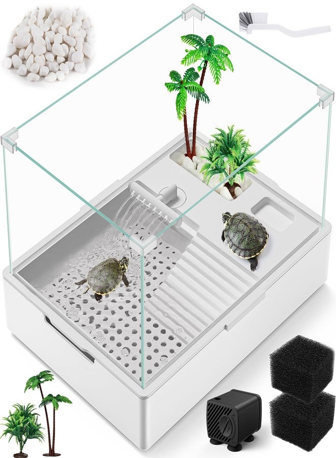 MoonOrange Small Turtle Tank (Tank + Water Pump), Acrylic Turtle Tank Starter Kit with Upgrade Rain Shower Head, Adjustable 5W Water Pump, Higher Fences and Multi-Function Areas. (S) - Image 1