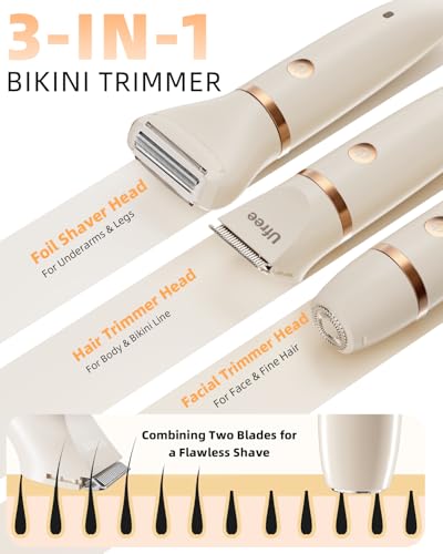 Ufree Bikini Trimmer Electric Razors for Women Ceramic Blade Body Hair Trimmer IPX7 Waterproof Rechargeable Lady Shaver Personal Groomer for Legs Pubic Hair Gifts for Women White - Image 3