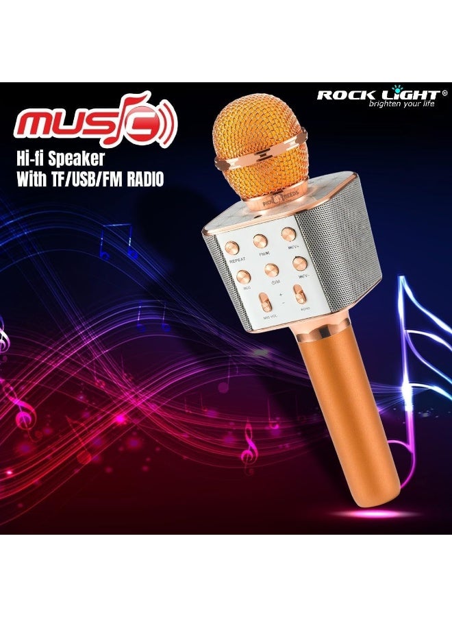 ROCK LIGHT S188 Wireless Karaoke Microphone, HiFi Speaker with FM Radio, Recording, USB Support, (Gold) - Image 4