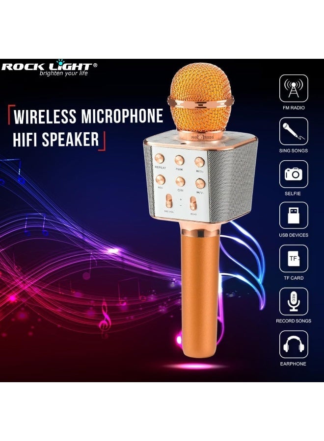 ROCK LIGHT S188 Wireless Karaoke Microphone, HiFi Speaker with FM Radio, Recording, USB Support, (Gold) - Image 3
