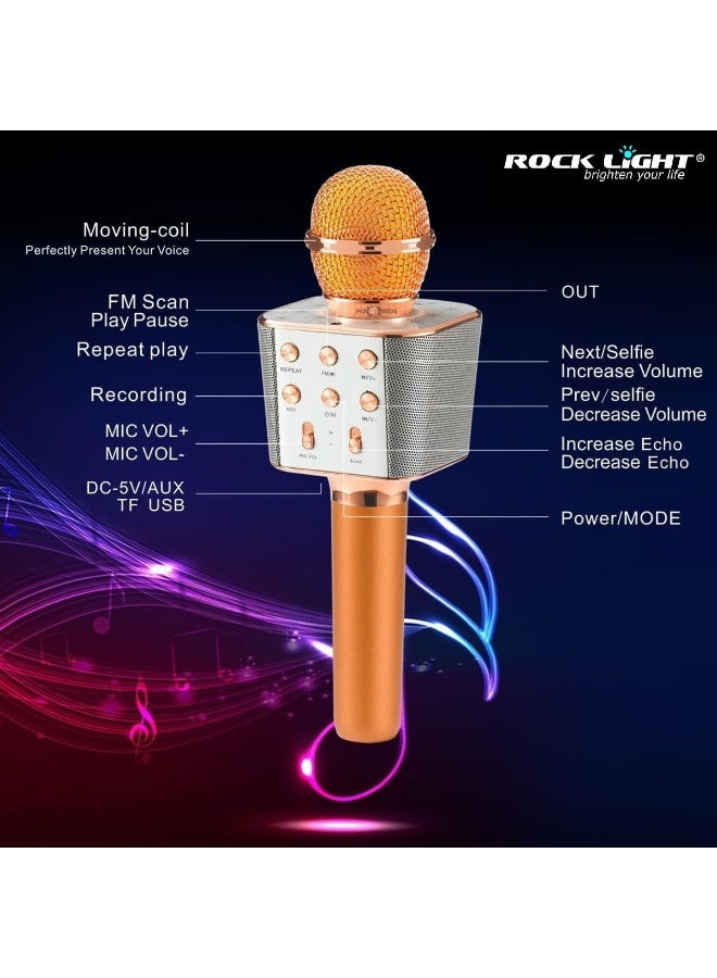 ROCK LIGHT S188 Wireless Karaoke Microphone, HiFi Speaker with FM Radio, Recording, USB Support, (Gold) - Image 2