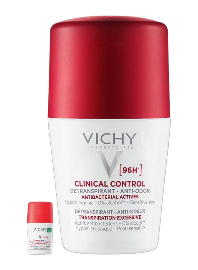 VICHY 72 Hours Stress Resist Excessive Perspiration Deodorant White/Red 50ml & 96 Hour Clinical Control Deodorant For Women Clear 50ml Bundle - Image 1