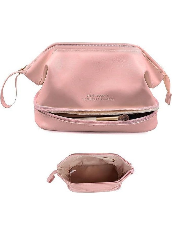 Zerolex Double Layer Cosmetic Bag Portable Leather Toiletry Bag Travel Makeup Bag Large Zipper Pouch Makeup Organizer Bag - Image 1