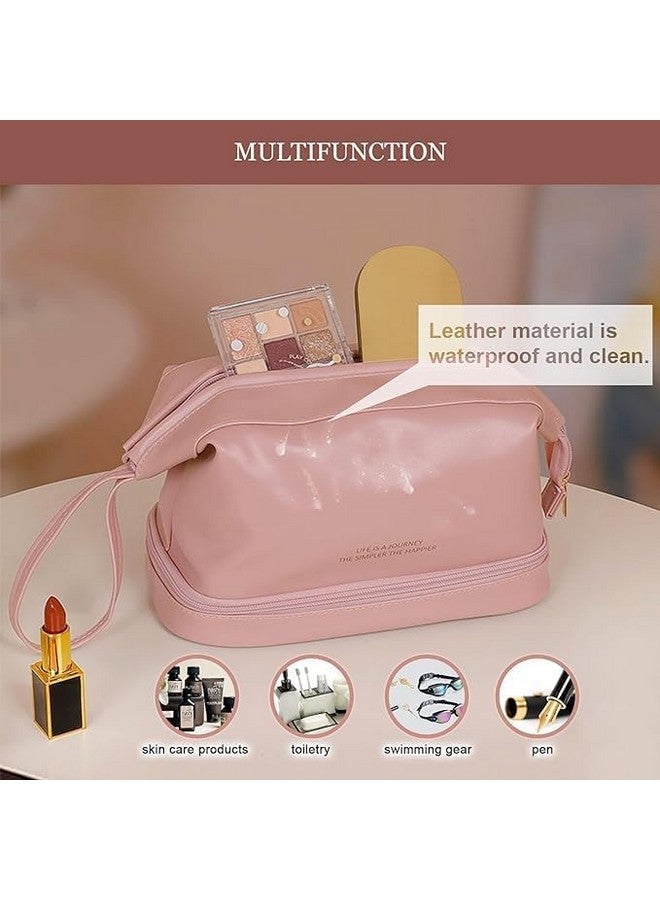 Zerolex Double Layer Cosmetic Bag Portable Leather Toiletry Bag Travel Makeup Bag Large Zipper Pouch Makeup Organizer Bag - Image 5