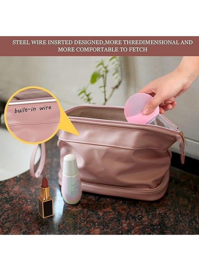 Zerolex Double Layer Cosmetic Bag Portable Leather Toiletry Bag Travel Makeup Bag Large Zipper Pouch Makeup Organizer Bag - Image 3