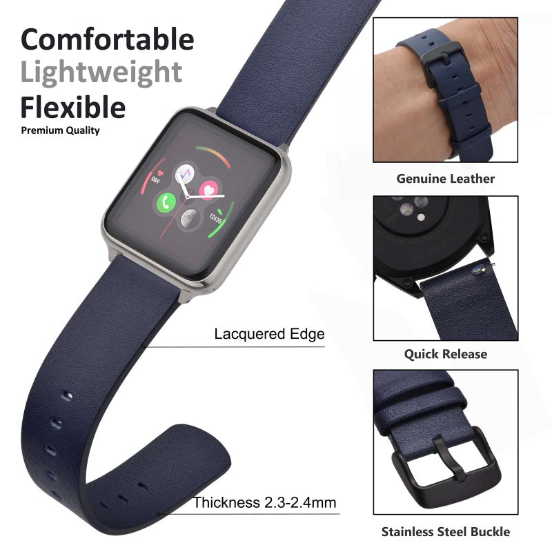 WOCCI 20mm Flexible Leather Watch Band for Smart Watch with Black Buckle (Navy Blue) - Image 3