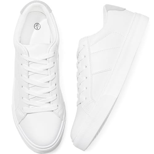Adokoo Womens Fashion Sneakers PU Leather Casual Shoes White Tennis Low Top Shoes Womens Lace Up SneakersWhiteUS55 - Image 1
