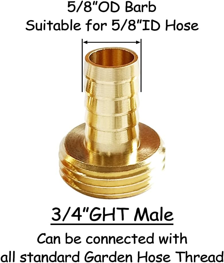 Uenede 2PCS Solid Brass Garden Hose Repair Connector 3/4" GHT Male x 5/8" Barb Fittings Include 2 Stainless Steel Clamps - Image 2