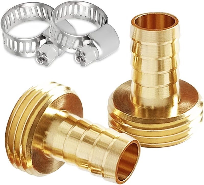 Uenede 2PCS Solid Brass Garden Hose Repair Connector 3/4" GHT Male x 5/8" Barb Fittings Include 2 Stainless Steel Clamps - Image 1