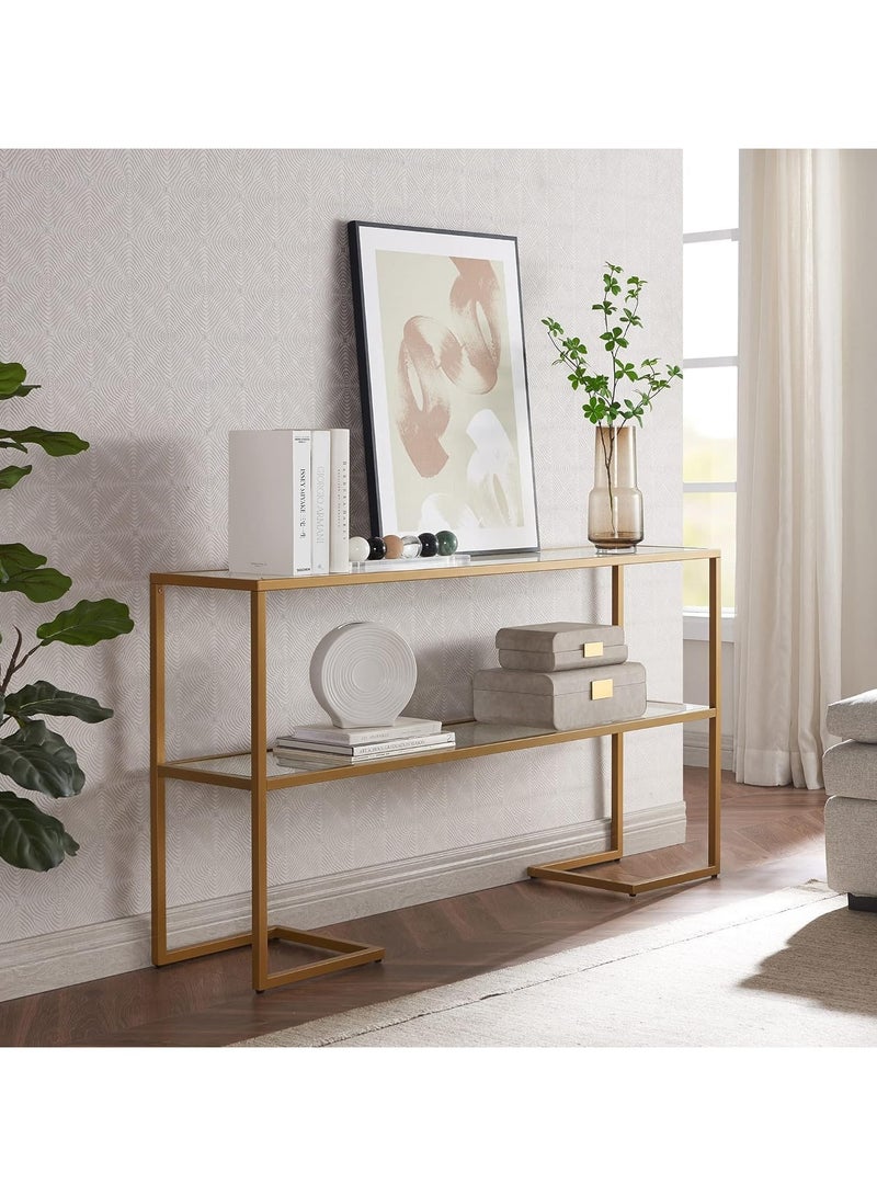 لينجوي طاولة كونسول زجاجية حديثة مع أرفف زجاجية شفافة مزدوجة - أثاث من طبقتين تم تجميعه مسبقًا للمدخل وغرفة المعيشة وغرفة النوم والمكتب المنزلي - Image 1