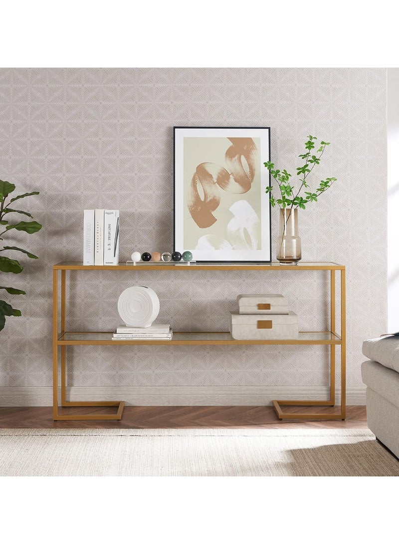 لينجوي طاولة كونسول زجاجية حديثة مع أرفف زجاجية شفافة مزدوجة - أثاث من طبقتين تم تجميعه مسبقًا للمدخل وغرفة المعيشة وغرفة النوم والمكتب المنزلي - Image 2