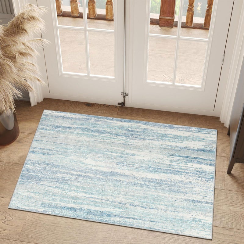 MUJOO Small Rug Washable,2x3 Area Rugs for Entryway Entry Entrance Bedroom Bathroom,Modern Abstract Low Pile Throw Rug,Front Door Mat Non Slip Accent Neutral Carpet Indoor Blue - Image 2
