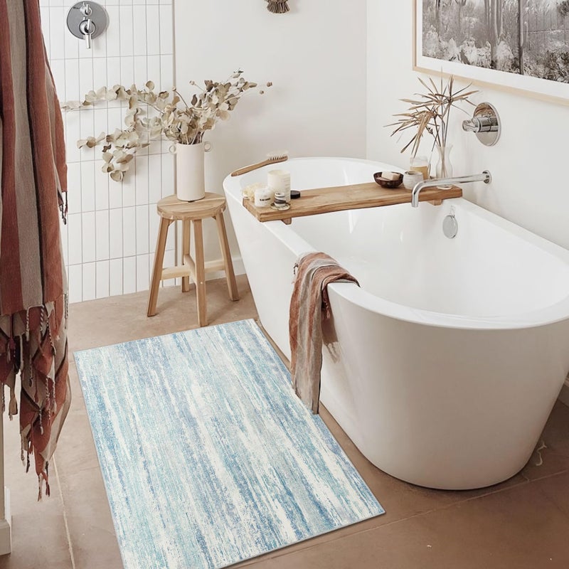 MUJOO Small Rug Washable,2x3 Area Rugs for Entryway Entry Entrance Bedroom Bathroom,Modern Abstract Low Pile Throw Rug,Front Door Mat Non Slip Accent Neutral Carpet Indoor Blue - Image 3