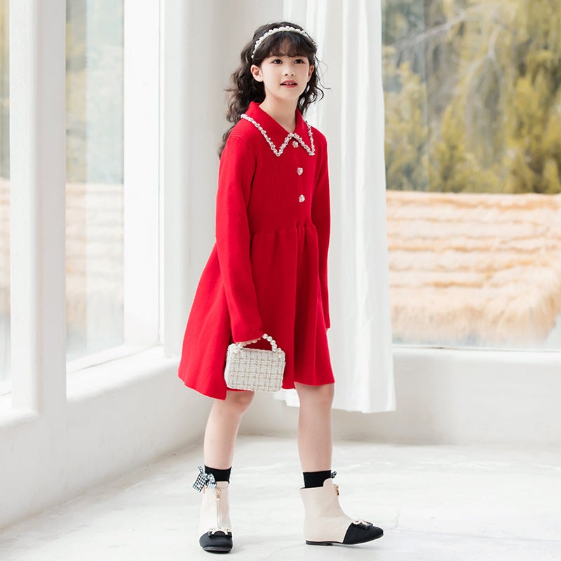 Girls Sweater Dress 2025 New Spring and Autumn Western Style Childrens Knitted dress Middle and Large Childrens Long Skirt Red Diamond Dress