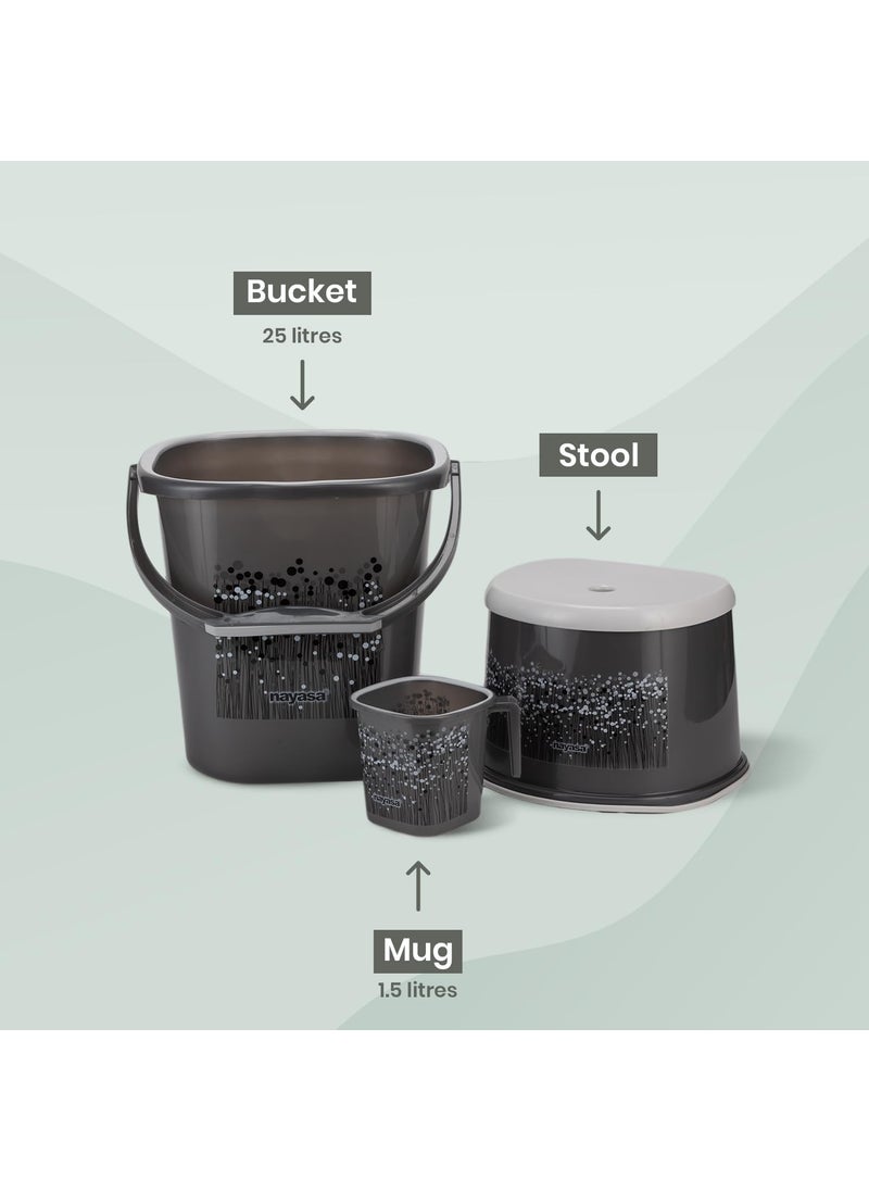 NAYASA Nayasa Funk Square 3 Pcs Plastic Bathroom Set | Bucket 25 L + Mug 1.5 L + 508 Stool | Bathroom Set | Bath Set for Bathroom | Black  - Image 5