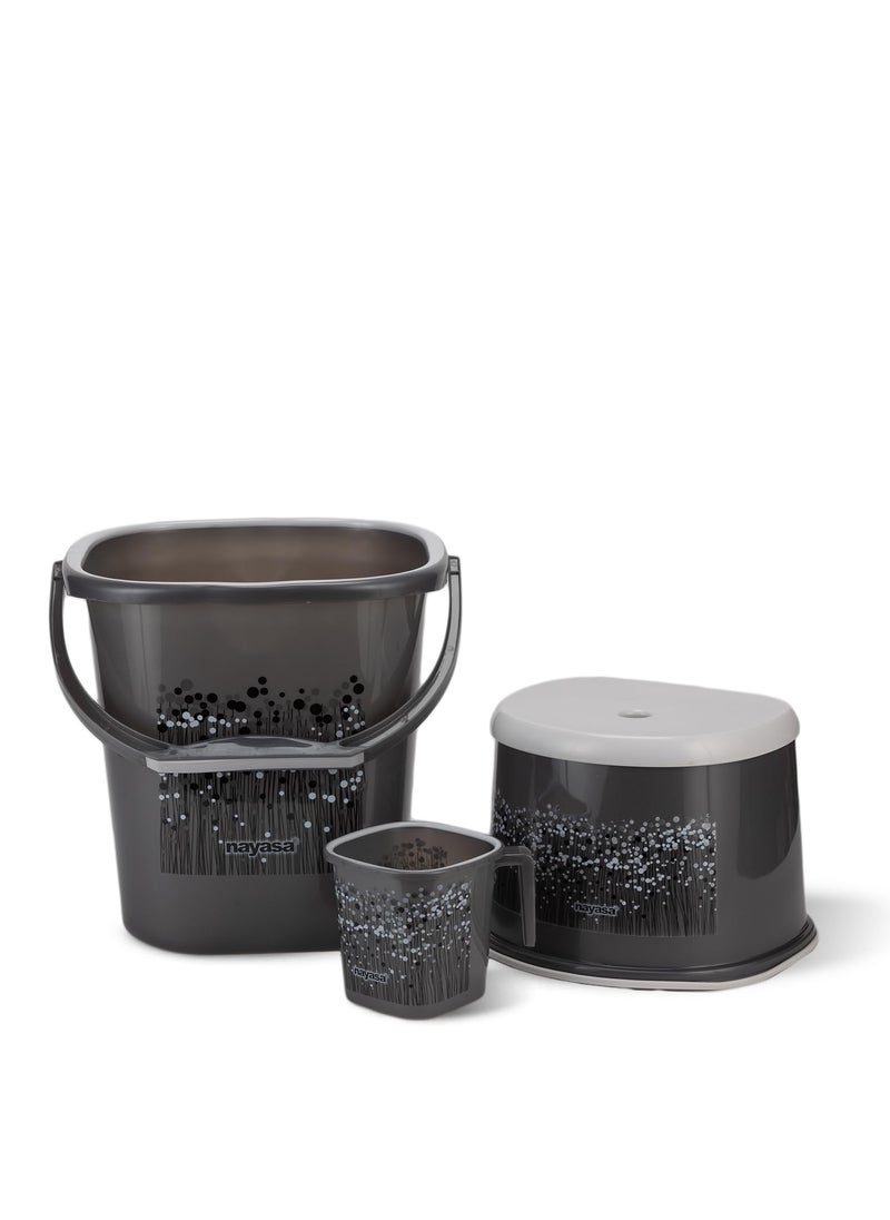 NAYASA Nayasa Funk Square 3 Pcs Plastic Bathroom Set | Bucket 25 L + Mug 1.5 L + 508 Stool | Bathroom Set | Bath Set for Bathroom | Black  - Image 1