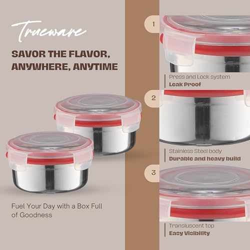 Trueware Clip N Close Smart Lock Stainless Steel Lunch Box | Durable, Airtight, BPA Free, 100% Food Grade | Versatile | for Office, for Men and Wowmn | 350 ml Each | Set of 8 - Image 4