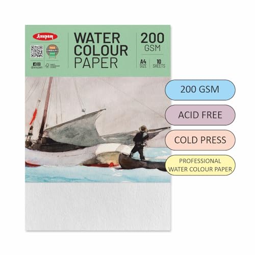 Anupam Professional Watercolour Paper | A4 (30X21CM) 200 GSM Cold Pressed Paper |Acid-Free 10 Sheets| Ideal for Artist, Professional Drawing, Painting Dry & Wet, Fine Art, School, Students - Image 3