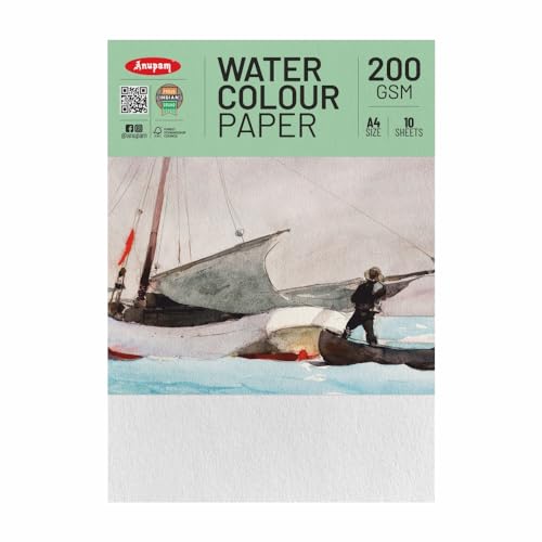 Anupam Professional Watercolour Paper | A4 (30X21CM) 200 GSM Cold Pressed Paper |Acid-Free 10 Sheets| Ideal for Artist, Professional Drawing, Painting Dry & Wet, Fine Art, School, Students - Image 1