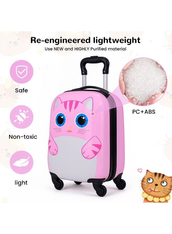 VUCATIN حقيبة سفر للأطفال، حقيبة سفر خفيفة الوزن بعجلات عالمية، حقيبة سفر صلبة بقفل رقمي، مناسبة للأولاد والبنات (قطة) - Image 2