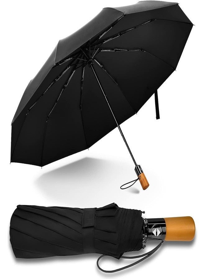 Jumix Travel Folding Portable Umbrella 46 Inch Windproof/Wind Resistant,Automatic Open Close,12 Ribs,99 UV Protection UPF 50,Sun/Rain,Real Wood Handle,Women men - Image 1