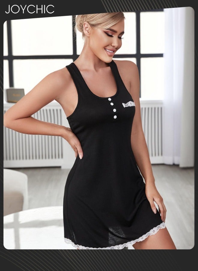 Joychic بيجاما صيفية عصرية من البوليستر للنساء مع دانتيل وخياطة، فستان نوم مريح وقابل للتنفس باللون الأسود - Image 3