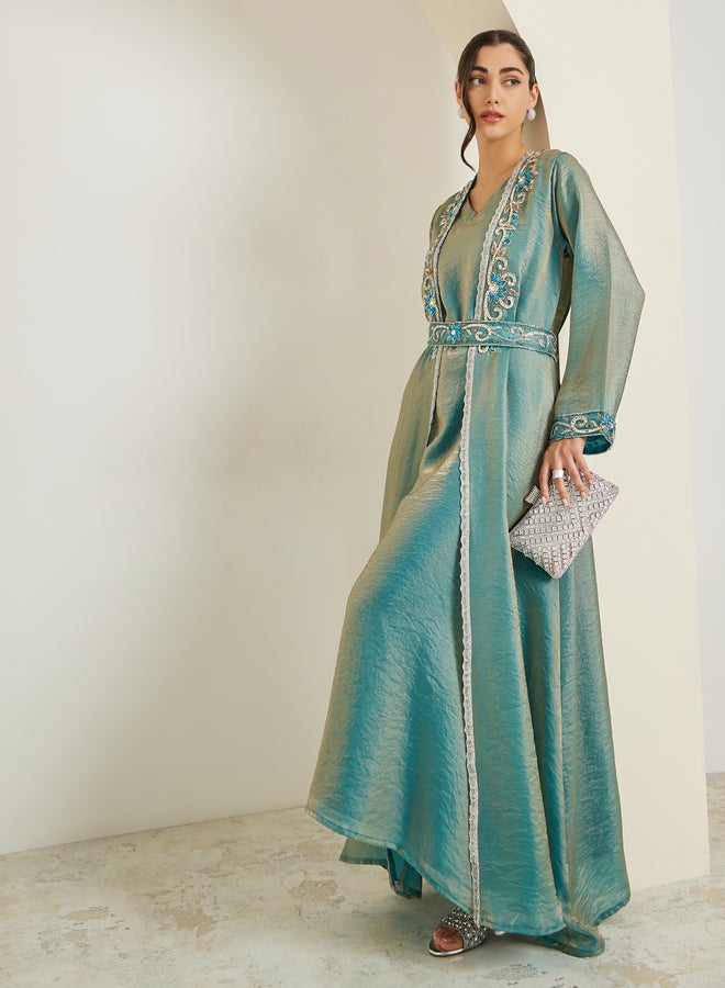 Amirah Green Embellished Kaftan and Maxi Dress Set - Image 3
