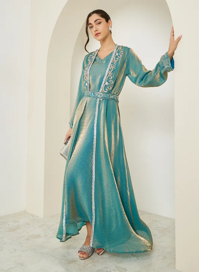 Amirah Green Embellished Kimono and Maxi Dress Modest Set