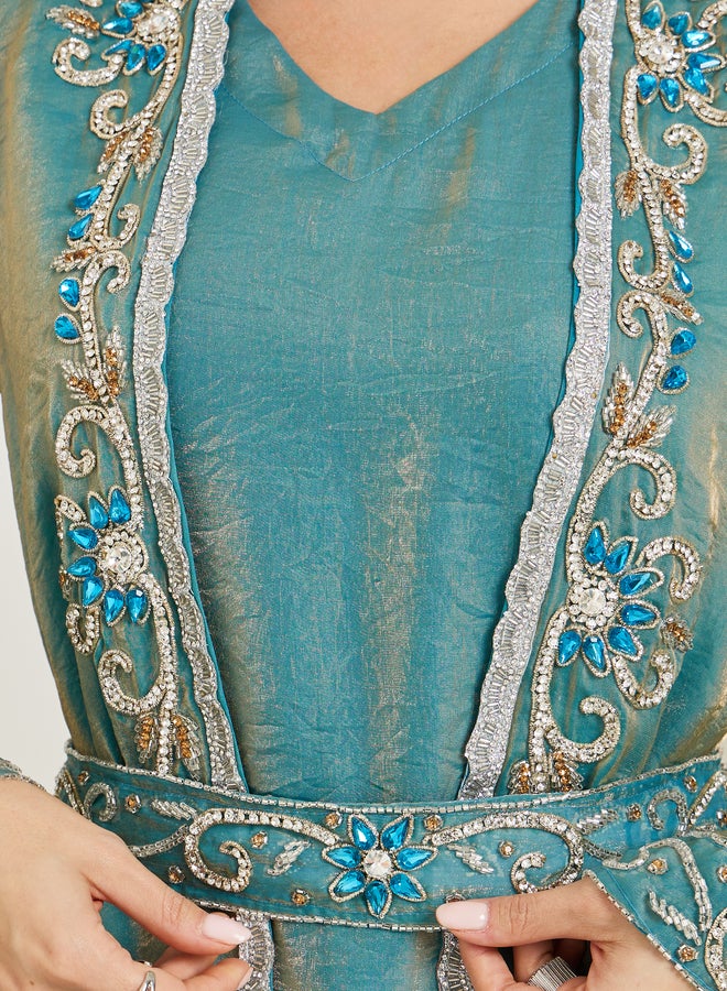 Amirah Green Embellished Kaftan and Maxi Dress Set - Image 4