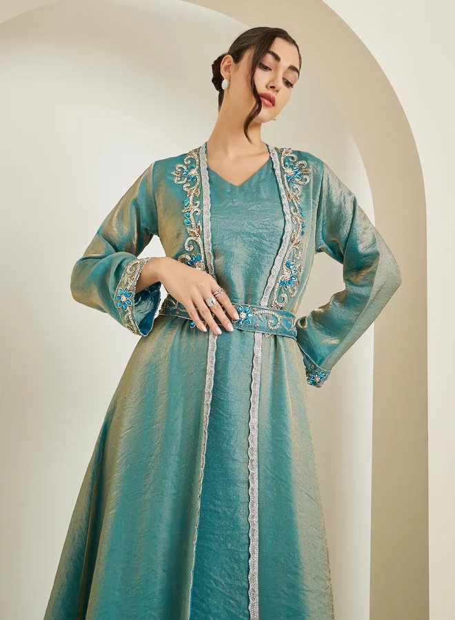 Amirah Green Embellished Kimono and Maxi Dress Modest Set