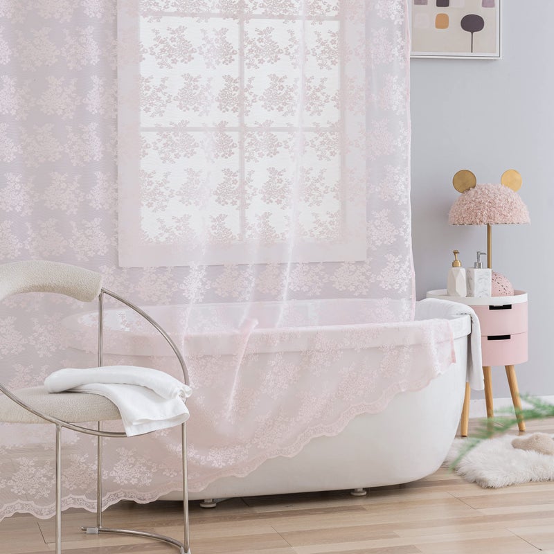 TUDECO Pink Shower Curtain - Shabby Chic Lace Floral Girly Cute Shower Curtain with Attach Valance, Sheer Vintage Coquette Aesthetic Bathroom Curtain, Scalloped Edge Top, 72 x 72 Inch, Light Pink - Image 4