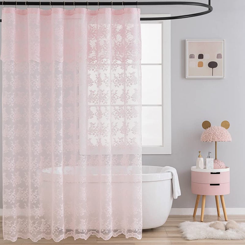 TUDECO Pink Shower Curtain - Shabby Chic Lace Floral Girly Cute Shower Curtain with Attach Valance, Sheer Vintage Coquette Aesthetic Bathroom Curtain, Scalloped Edge Top, 72 x 72 Inch, Light Pink - Image 1
