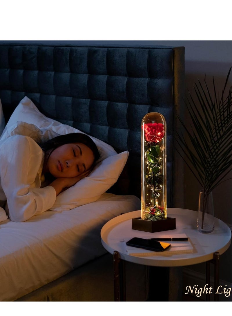 SYOSI هدايا عيد الميلاد للنساء، 12" وردة زجاجية LED محفوظة في قبة، زهور الجميلة والوحش تدوم لسنوات - حمراء - Image 4
