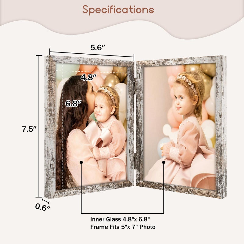 Space Art Deco 5x7 Double Hinged Frames  2 Folding Picture Frame  Stand Vertically on Desktop or Tabletop  Distressed White - Image 2