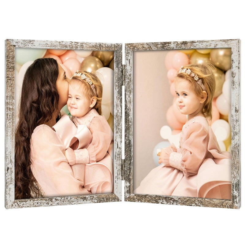 Space Art Deco 5x7 Double Hinged Frames  2 Folding Picture Frame  Stand Vertically on Desktop or Tabletop  Distressed White - Image 1
