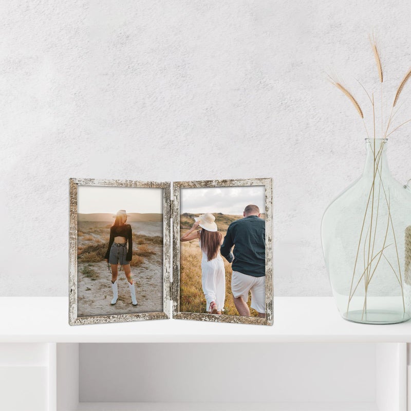 Space Art Deco 5x7 Double Hinged Frames  2 Folding Picture Frame  Stand Vertically on Desktop or Tabletop  Distressed White - Image 3