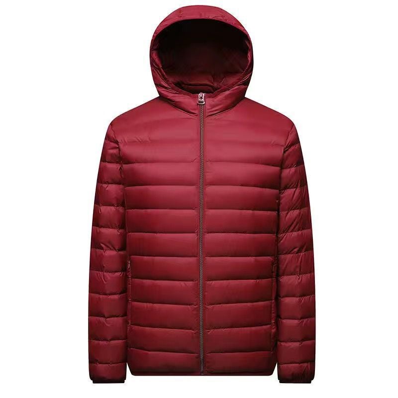 Vertical collar hooded cotton cotton-padded jacket mens autumn and winter light young and middle-aged special clearance brand short plus size Hooded wine red F89