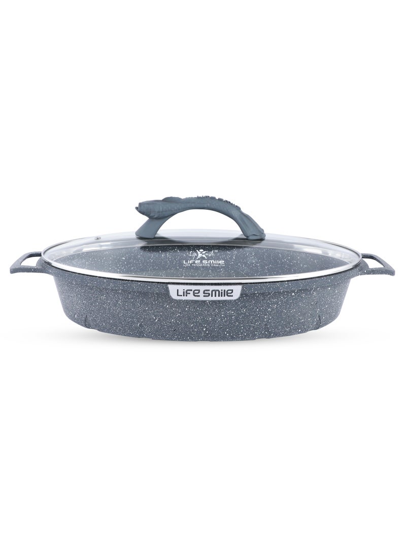 Life Smile 42cm (5.4L) Nonstick Fry Pan-Shallow Fish Frying Pan With lid , Granite Coating Non Stick Oval Frying pan - Fish Pan, 100% PFOA FREE Cookware, Oven Safe Nonstick Pan - Image 1