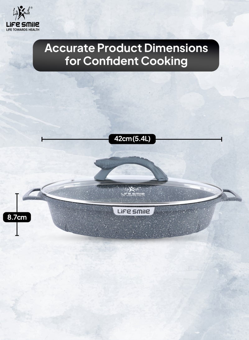 Life Smile 42cm (5.4L) Nonstick Fry Pan-Shallow Fish Frying Pan With lid , Granite Coating Non Stick Oval Frying pan - Fish Pan, 100% PFOA FREE Cookware, Oven Safe Nonstick Pan - Image 3