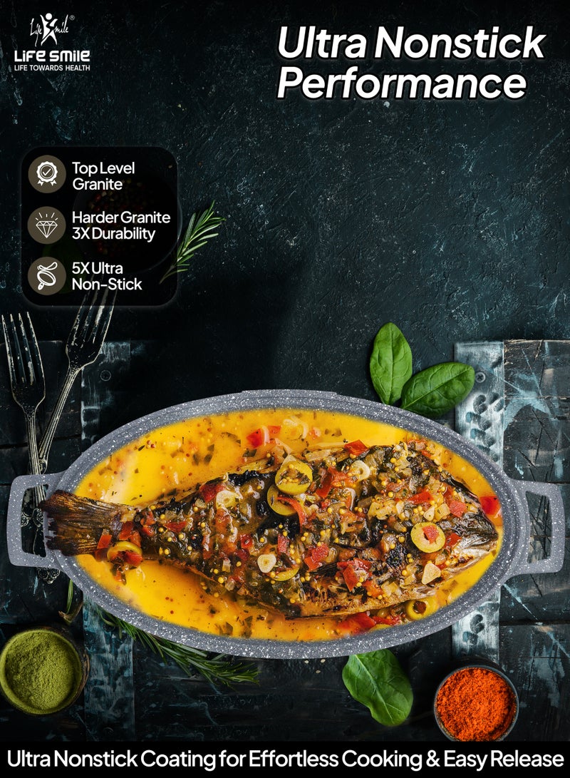 Life Smile 42cm (5.4L) Nonstick Fry Pan-Shallow Fish Frying Pan With lid , Granite Coating Non Stick Oval Frying pan - Fish Pan, 100% PFOA FREE Cookware, Oven Safe Nonstick Pan - Image 5