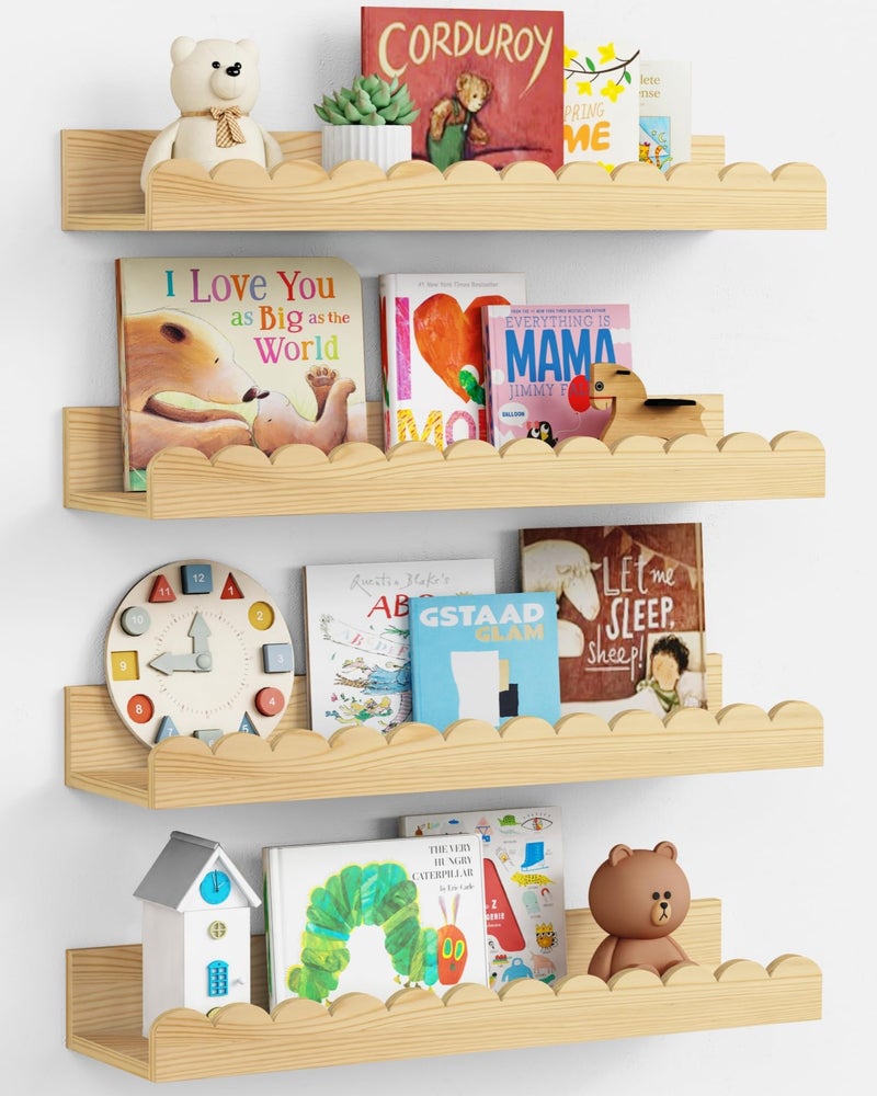 Harwaya Scalloped Nursery Bookshelf Wall Mounted 4-Pack, Natural Wood Floating Book Shelves for Wall, Cloud Wall Mount Bookshelves for Kids Bedroom, Baby Children Toddler Room (Natural Pine Wood) - Image 1