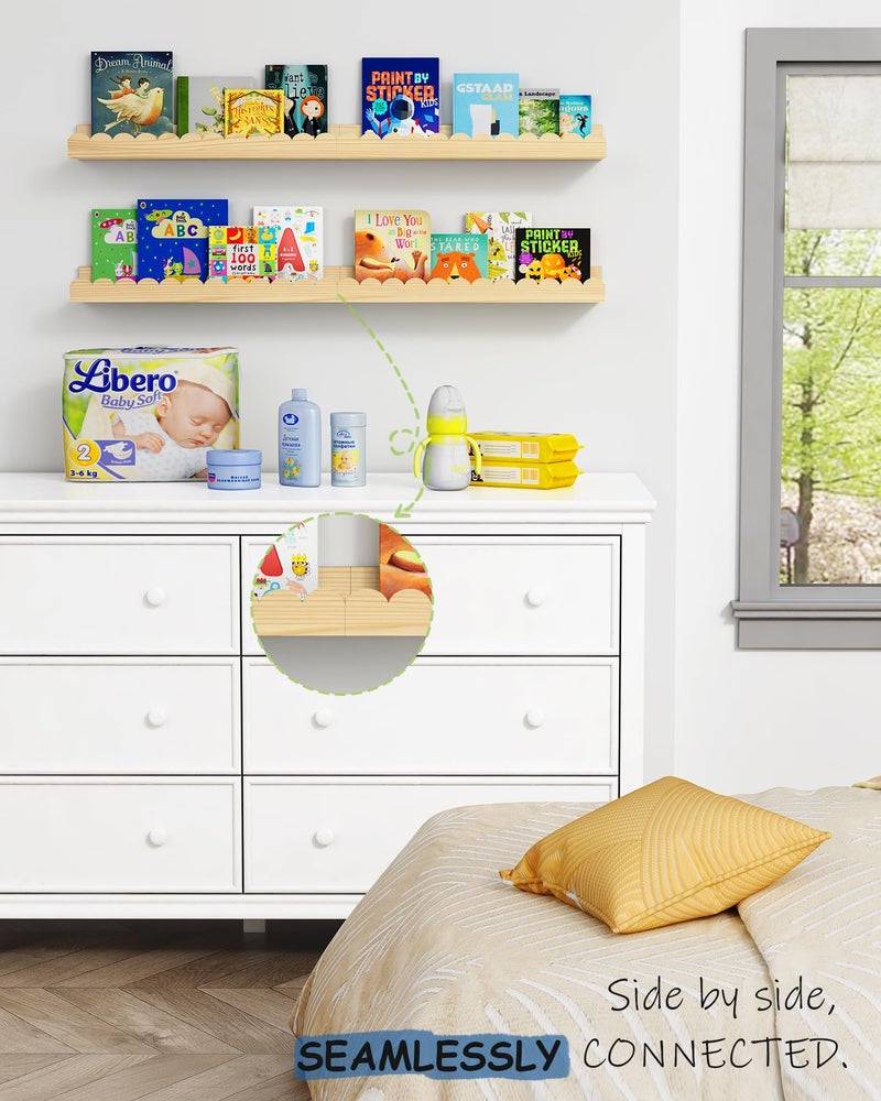 Harwaya Scalloped Nursery Bookshelf Wall Mounted 4-Pack, Natural Wood Floating Book Shelves for Wall, Cloud Wall Mount Bookshelves for Kids Bedroom, Baby Children Toddler Room (Natural Pine Wood) - Image 5