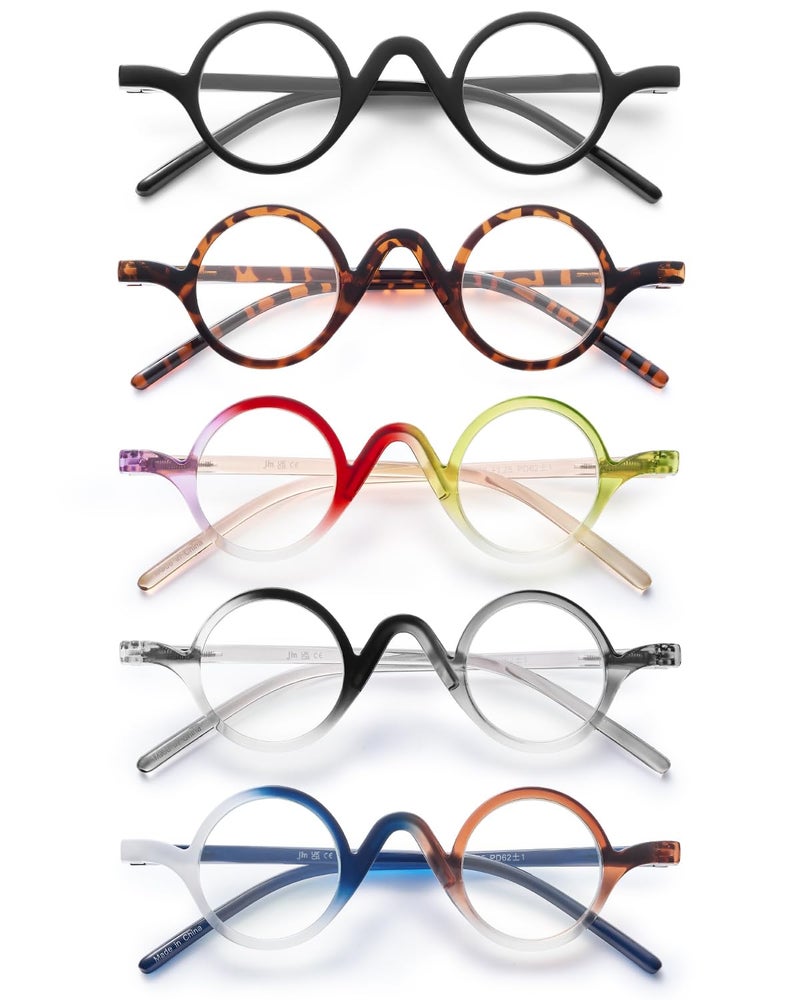 JM 5 Pack Round Reading Glasses for Women Men, Vintage Small Blue Light Blocking Computer Readers with Spring Hinges +1.75 - Image 2