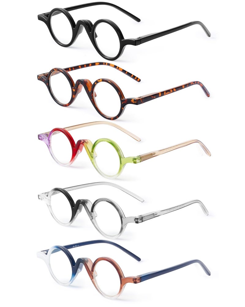 JM 5 Pack Round Reading Glasses for Women Men, Vintage Small Blue Light Blocking Computer Readers with Spring Hinges +1.75 - Image 1