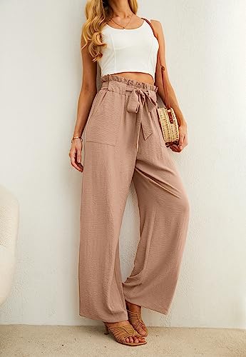 IWOLLENCE Women's Wide Leg Pants with Pockets High Waist Adjustable Knot Loose Casual Trousers Business Work Casual Pants Khaki Medium - Image 3