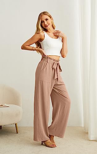 IWOLLENCE Women's Wide Leg Pants with Pockets High Waist Adjustable Knot Loose Casual Trousers Business Work Casual Pants Khaki Medium - Image 5
