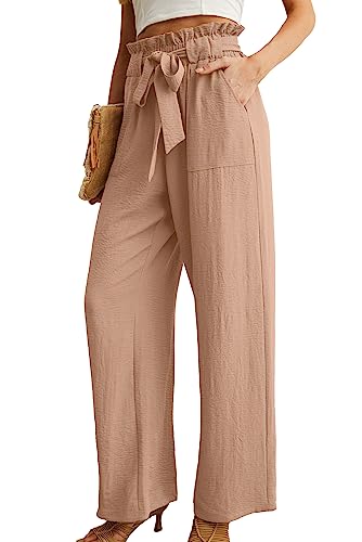 IWOLLENCE Women's Wide Leg Pants with Pockets High Waist Adjustable Knot Loose Casual Trousers Business Work Casual Pants Khaki Medium - Image 2