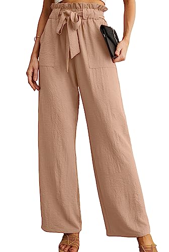 IWOLLENCE Women's Wide Leg Pants with Pockets High Waist Adjustable Knot Loose Casual Trousers Business Work Casual Pants Khaki Medium - Image 4
